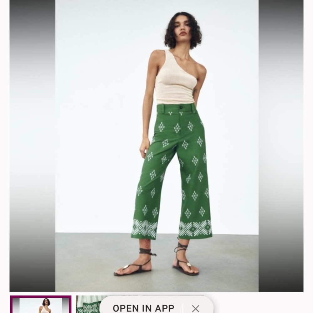 Zara embroidered linen pants Green